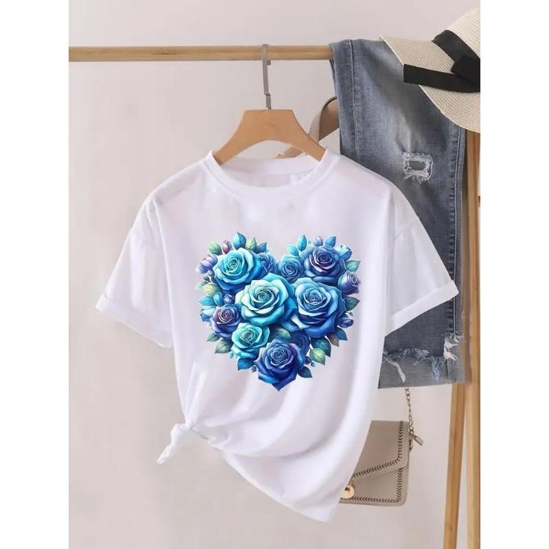 Krótki Rękaw Damski Nadruk Letnia Koszulka Modne Ubrania Koszulki Graficzne Kwiaty Akwarelowe Urocze Ubrania Damska Codzienna Koszulka