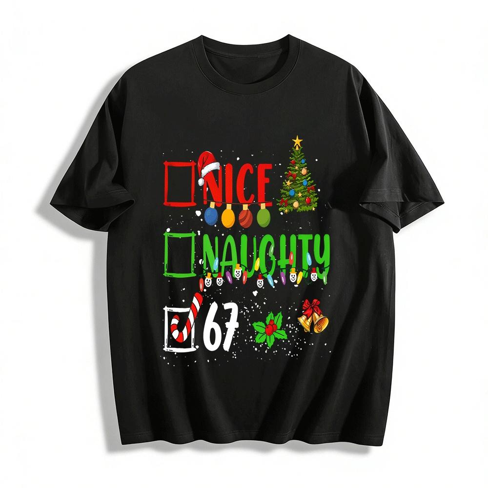 

Nice Naughty Checkbox Print Christmas Casual Holiday Top Pure cotton T-shirt XXS