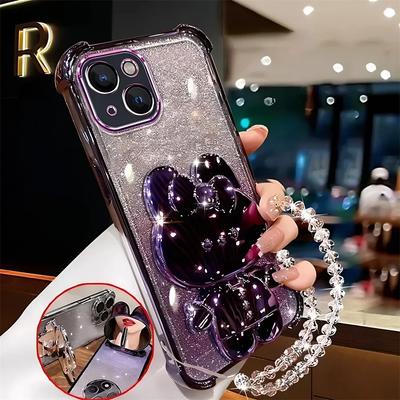 Luxe Glitter Konijn Spiegel Telefoonhoesje Voor Samsung Galaxy S25 Edge S24FE S24 Plus S23 FE S22 S21 Ultra S20 Kristallen Ketting