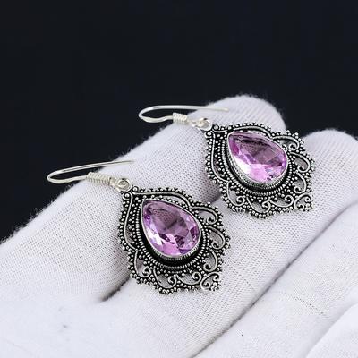 Pink Kunzite Earrings, Gemstone Earring, Antique Pink Kunzite Gemstone Silver Earring, 925 Solid Silver Gemstone Jewelry, Gemstone Earring For Her