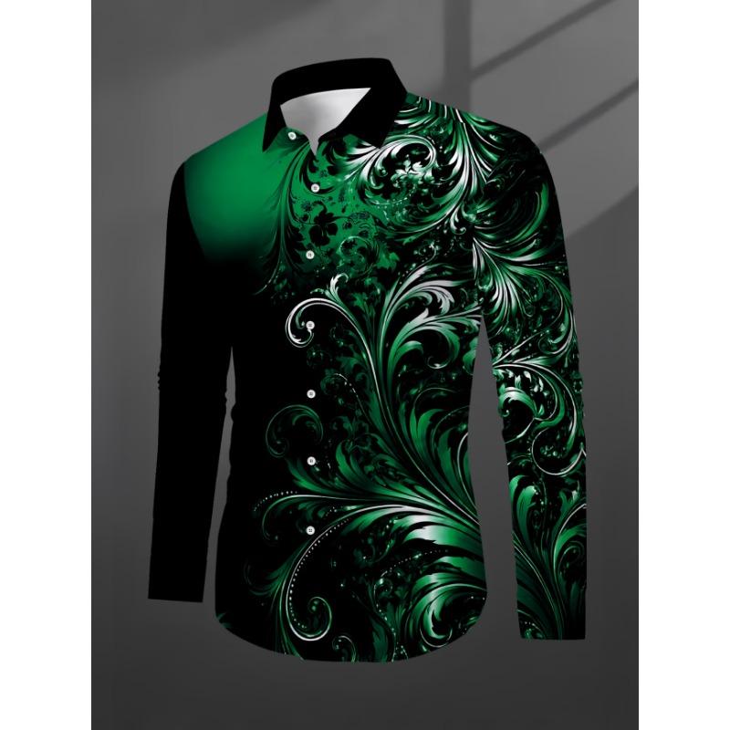 New Red Background Black Herringbone Baroque Print Men's Long Sleeved Shirt, Light Luxury Casual Formal Shirt