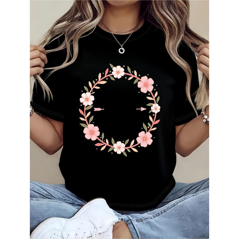 

Men s & Women s Floral Wreath Print Crew Neck T-Shirt Soft Comfort Maternal Day Tee S чёрный