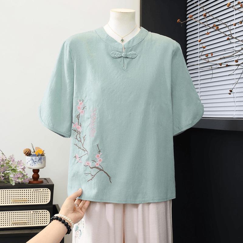 Yuzhaolin New Chinese Style Embroidered T-Shirt for Mid-Aged Women 4XL
