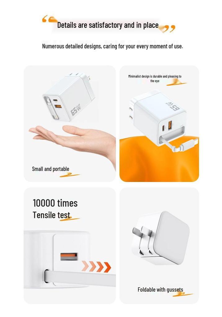65W Dual Port PD Charger with Retractable Type-C Cable for Fast Charging (A+C)