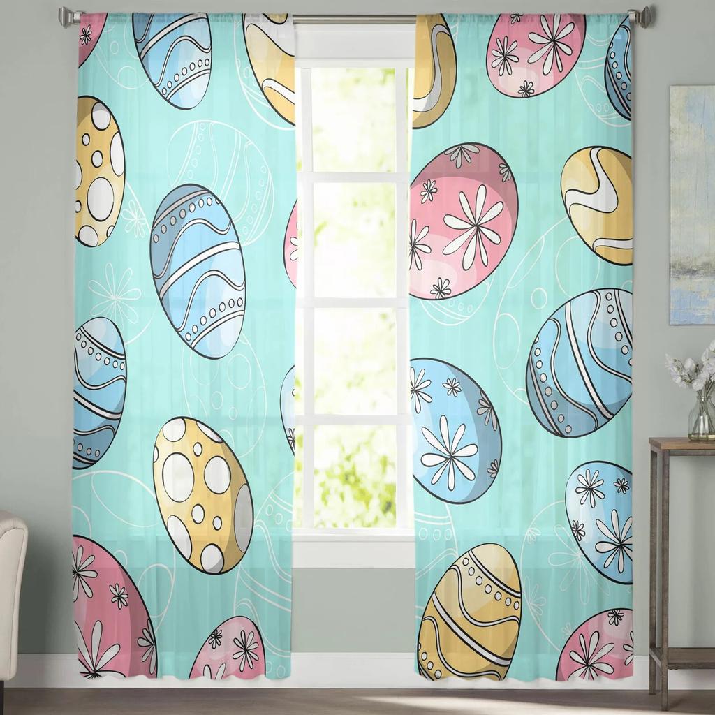 Easter Egg Blue Background Tulle Curtains for Living Room Bedroom Voile Sheer Curtain Window Home Decor Drapes