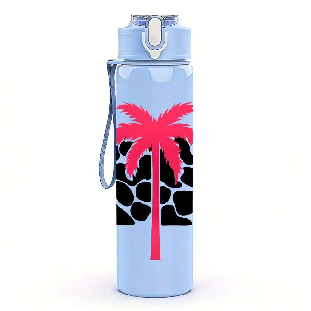 1PC Palm Tree Black Spot Print 750ml Color Plastic Sports Water Bottle Leakproof Flip Straw Lid Suitable for Sports Office Home Use
