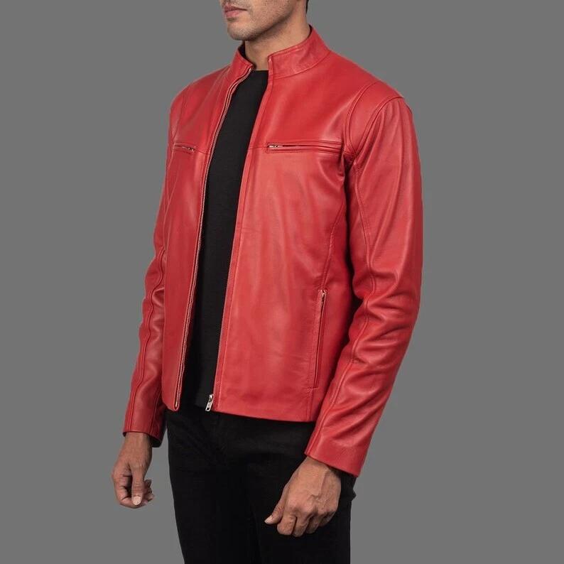 Red Stylish Handmade  Leather Genuine Lambskin Jacket Handmade Party Wear Jacket