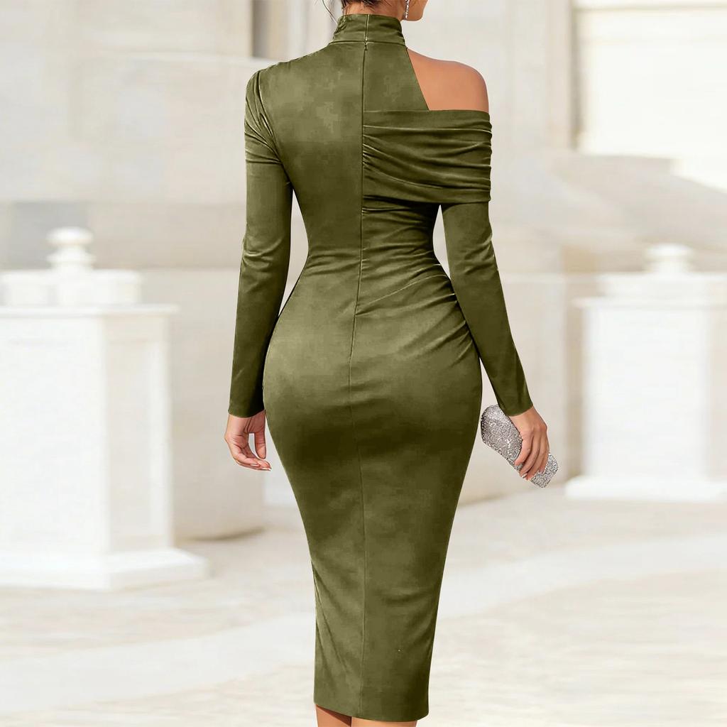 Dámské letní módní barevné šaty s dlouhým rukávem, odhalujícími ramena a rozparkem, s elegantním a štíhlým střihem, podtrhující temperament