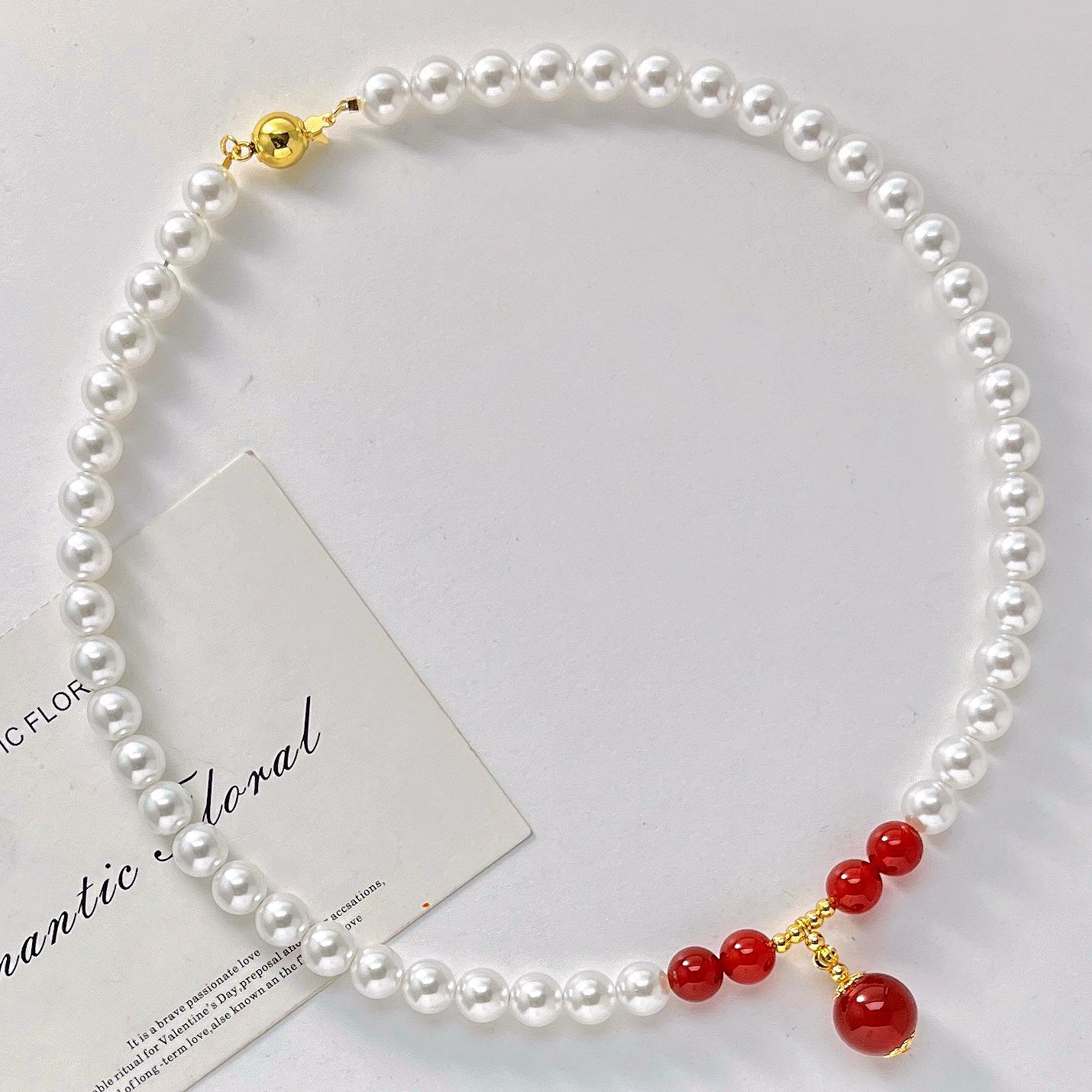 Maillard Style Highlight Artificial Crystal Pearl Natural Chalcedony Necklace Clavicle Chain Pendant