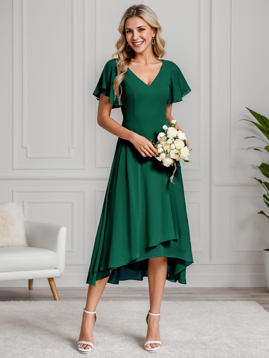 

Завжди гарні жіночі літні міді весільні сукні для гостей із V-подібним вирізом і рюшами, нерегулярні шифонові трапеції 4XL темно-зелений колір
