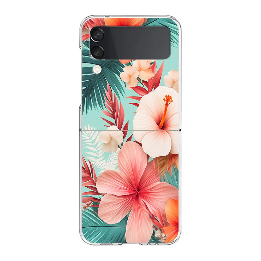 Phone Case For Samsung Galaxy Z Flip 3 4 5 Hard Folding Clear PC Bumper Beauty Flowers Leaves For Samsung Z Flip 6 Back Cover