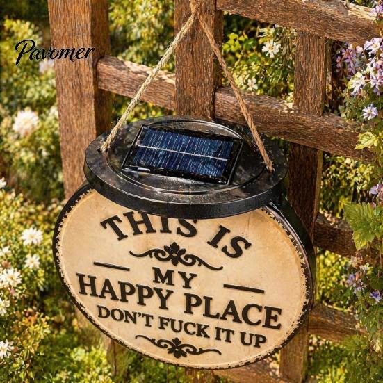 Durable Outdoor Decorative Pendant Luminous Funny Garden Sign, "This Is My Happy Place" Solar Vintage Decor, Farmhouse Cute Light for Patio Wall Art,