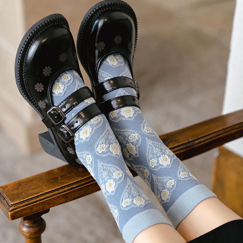 Women's Retro Blue Ethnic Style Mid-Calf Cotton Socks - Korean Fashion Artistic Design