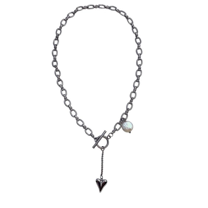 Meier Ins heart pendant titanium steel chain necklace with baroque freshwater pearl - minimalist style for women серебряный