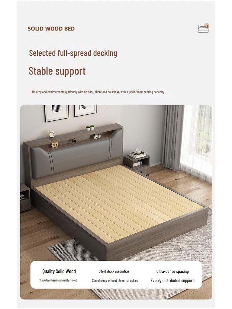 Modern Minimalist Solid Wood Panel Bed - Double (1.8m) or Single (1.2m) for Master Bedroom or Rental Room
