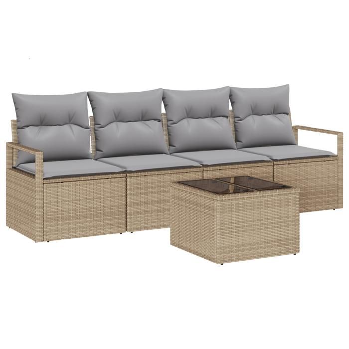 Ensemble de canapé de jardin 5 pièces avec coussins Beige Poly Rotin, Canapé de jardin 2 places avec coussins Beige Poly 3346250
