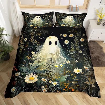 Cute Floral Ghost Duvet Cover Twin King for Boys Girls Room Decor Halloween Theme Bedding Set Boho Flower Print Comforter Cover