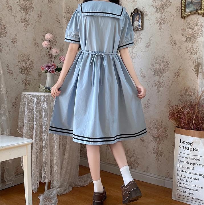 Hanmall Women's Blue Short Sleeve Sailor Dress with Square Collar and Tie, Solid Color, LON146
