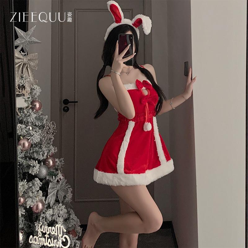 Sexy Lingerie Sexy New Year's Day Suspender Bow Short Nightdress Christmas Uniform New Robe Set