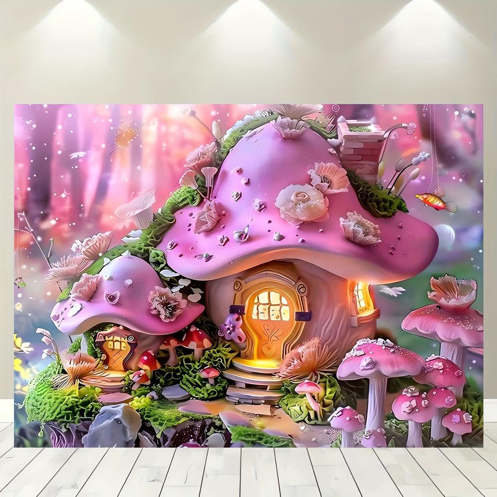 Pink Fairy Tale Mushroom Cottage Tapestry, Party and Photography, Perfect for Spring/summer Event Mushroom Party Decorations