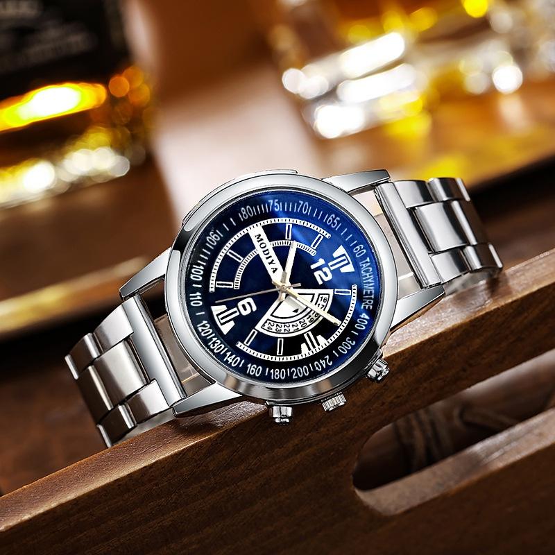 Gd282 Men's Quartz Steel Belt Watch Holiday Calendar Business Casual Blue Glass Logo Print Available Characters)
