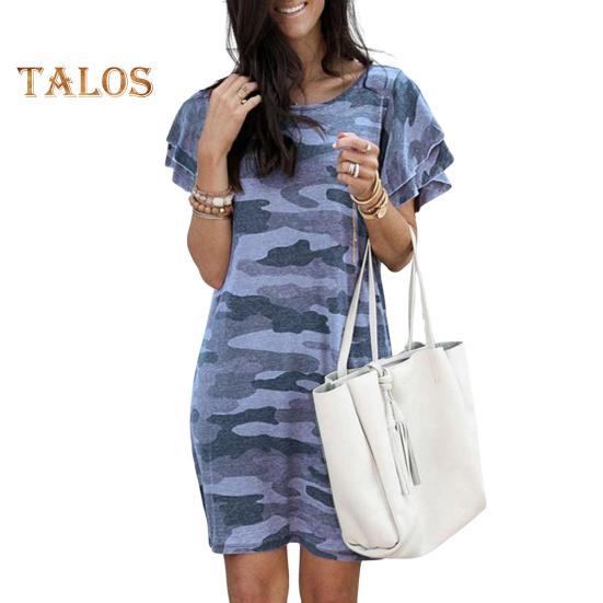 

Летнее женское платье с круглым вырезом и камуфляжным принтом, многослойные манжеты с рюшами и короткими рукавами, свободное повседневное мини-платье длиной выше колена M синий