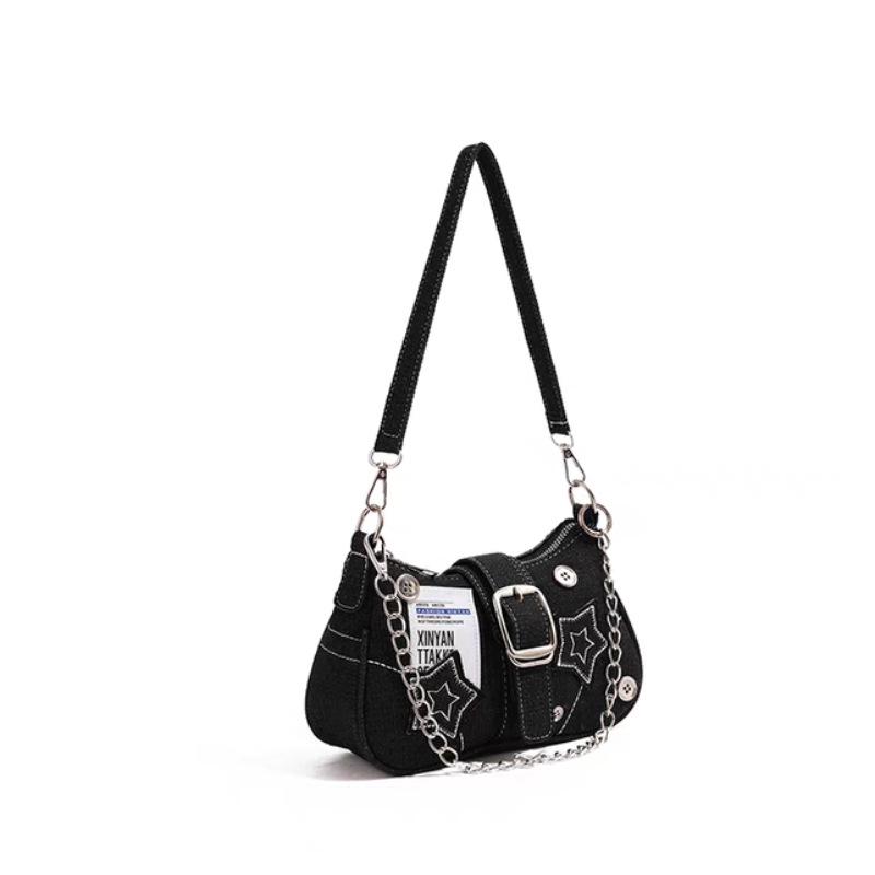 Hot Girl Denim Motorcycle-Style Shoulder Bag: Small, Versatile, Large Capacity Handbag for Women