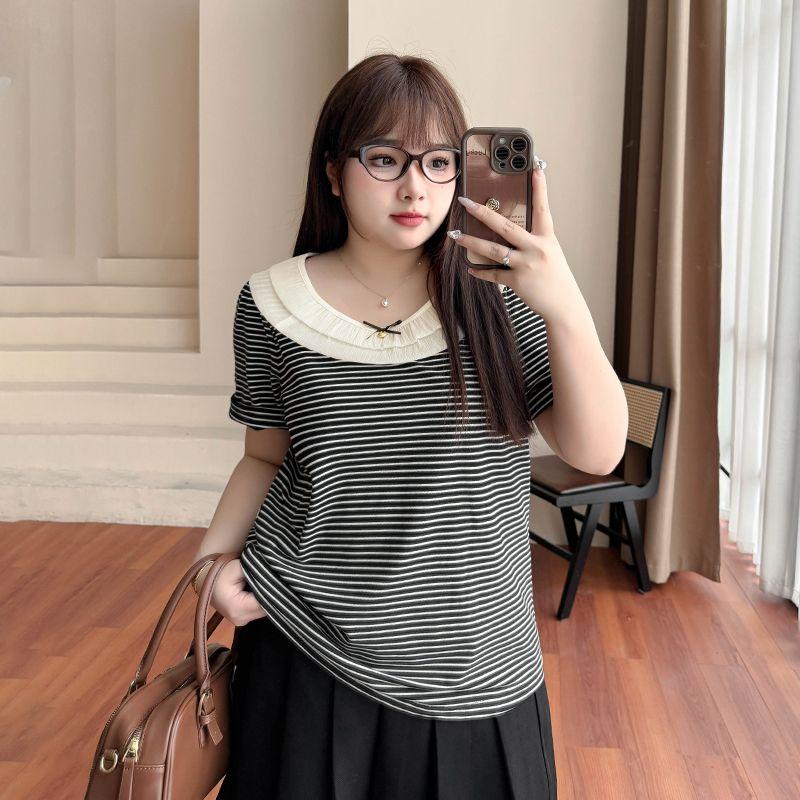 

Plus size women clothing [French style Sweet Shirt] Bow Ruffled Collar Patchwork Loose Stripe Summer Short sleeve T-shirt Black apricot strips 7xl