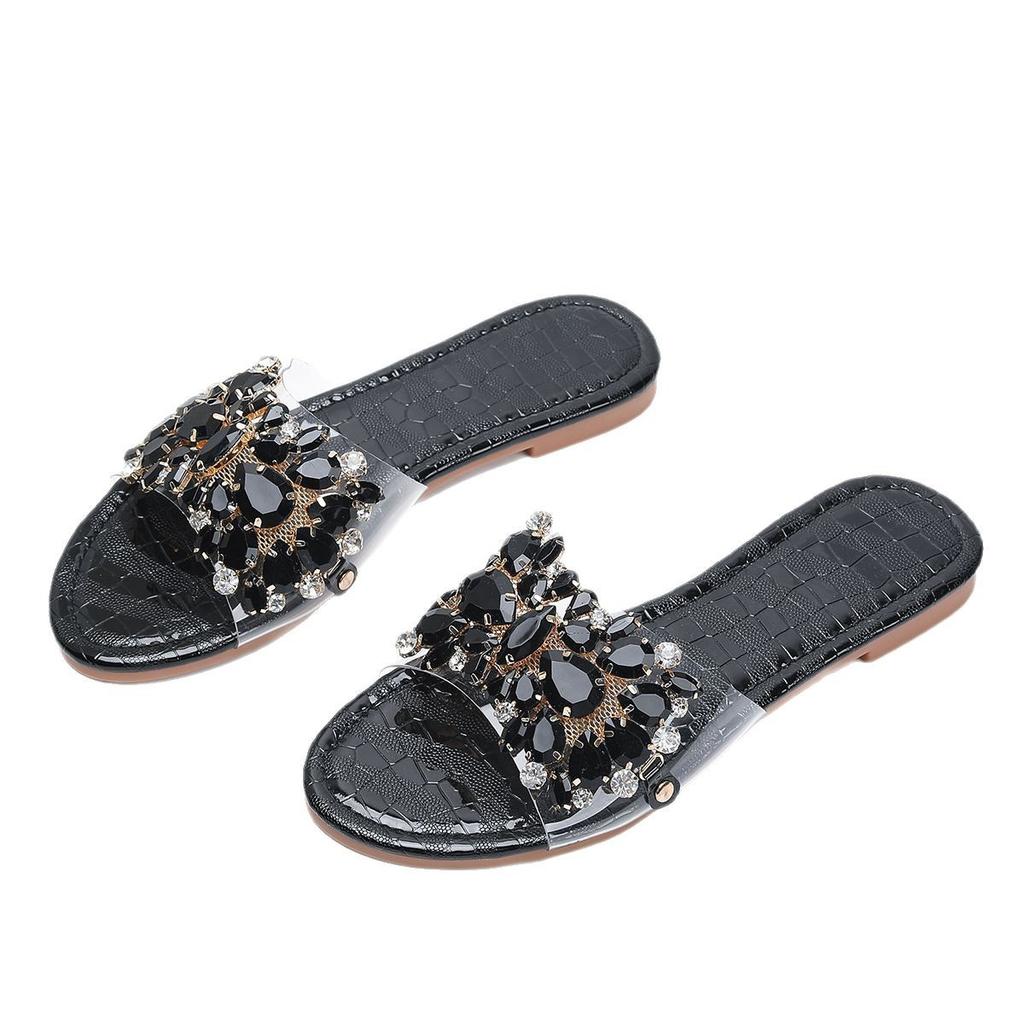 Fashion Women's Fashion Slippers Summer Black Diamond Luxury Charm Radiant Round Head Flat Bottom Comfortable Anti slip Women's Slippers