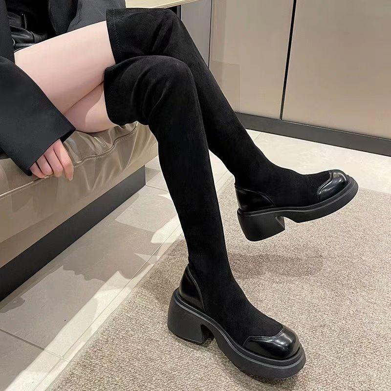 Winter New Large-size Korean Version Fashion Suede Knee-length Boots Women's Thick-soled High-length Skinny Boots Plush