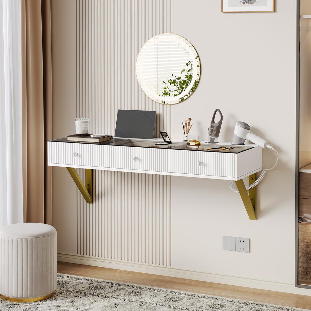 Vanity table, hanging, with 3 drawers, glass top, tablet holder and cup holder; white 120×40×45 cm (W×H×D) (without LED mirror)