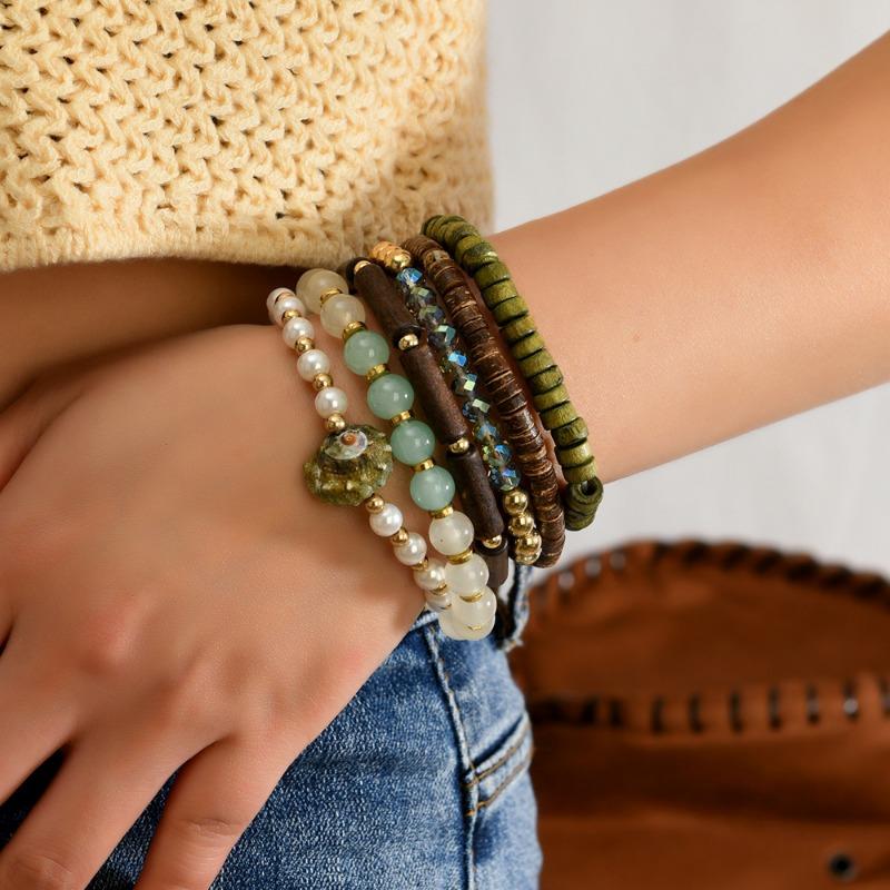 New Coconut Shell Wood Beads Beaded Soft Pottery Pearl Stone Leather Men's and Women's Bracelets Bracelets 6-piece Set