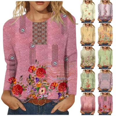 Women's Fashion Casual Long Sleeve Print Round Neck Pullover Top Blouse