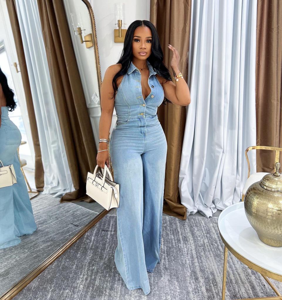 VIONA Women Denim Sleeveless Single Breasted Wide Leg Jeans Jumpsuit Halter Neck Backless Summer One Piece Suit Playsuits