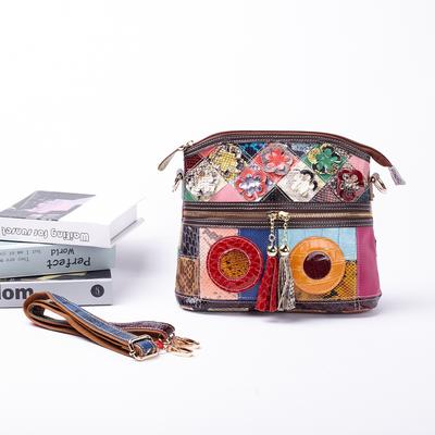 Echtleder: Damen Tasche mit Schlangenmuster, Bunte Quastenblumen Einzel-Schulter Crossbody Tasche, Personalisierte Unterarmtasche