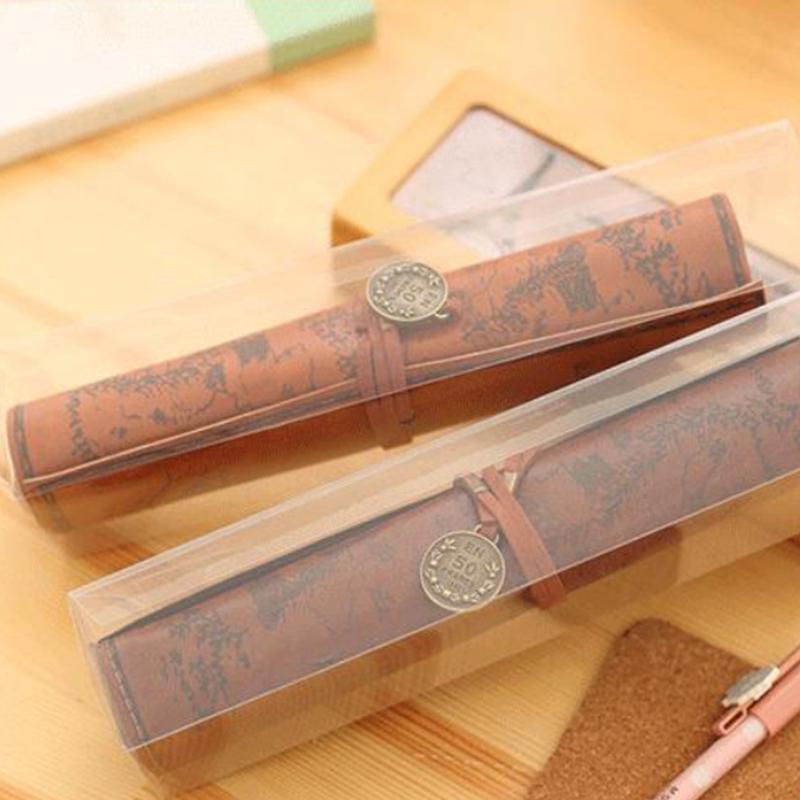 Leather Roll-Up Pouch W/ Embossed Buckle Vintage Treasure Map Pencil Case Large Capacity School Office Organizer