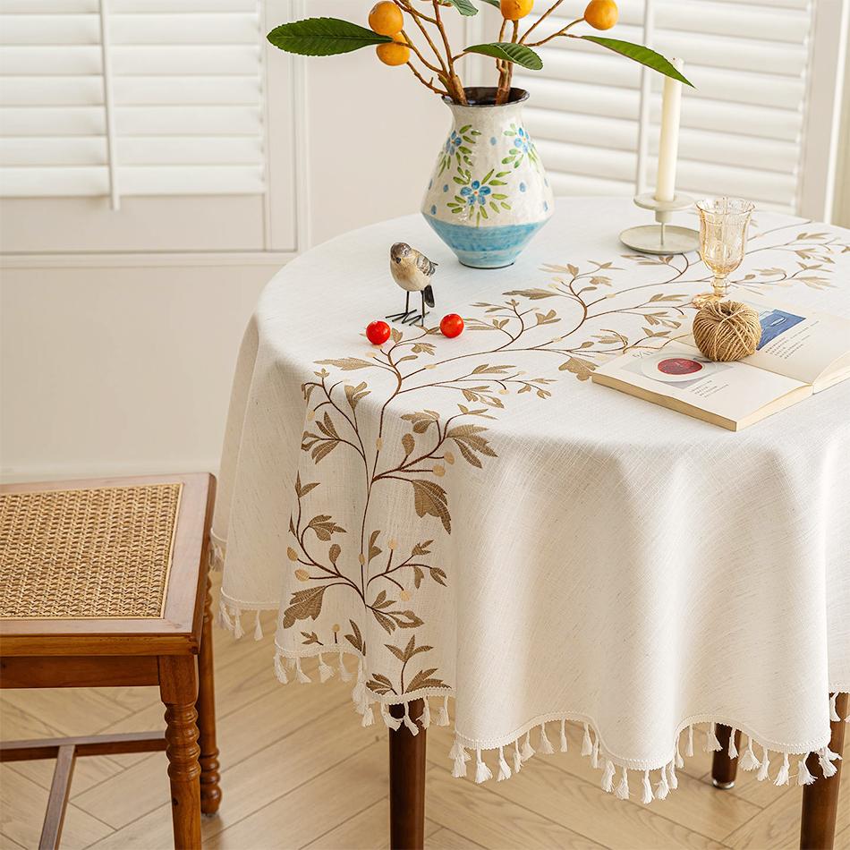 Round Embroidery Tablecloth Cotton Linen Flower Dust Proof Table Cover, for Kitchen Dining Room,Party,Birthday Tabletop Decor