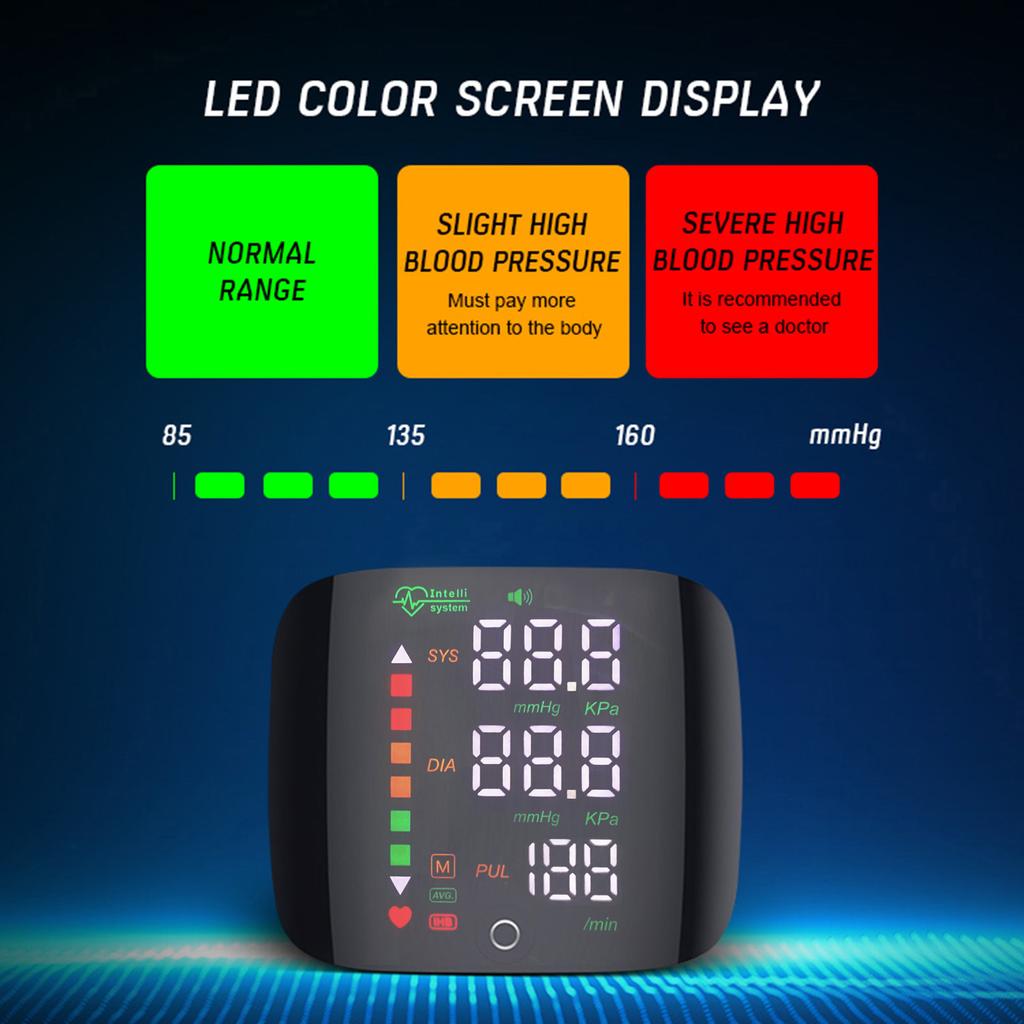 Blutdruckmessgerät, Kontaktbildschirm, dreifarbiges Display, Handgelenkmessung, Zwei-Personen-Speicher