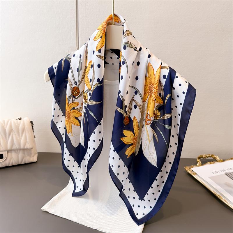 Flower Polka Dot Printing Imitation Silk Scarf Square Scarf High-End Shawl Versatile Neck Small Square Scarf Headscarf Scarf Women