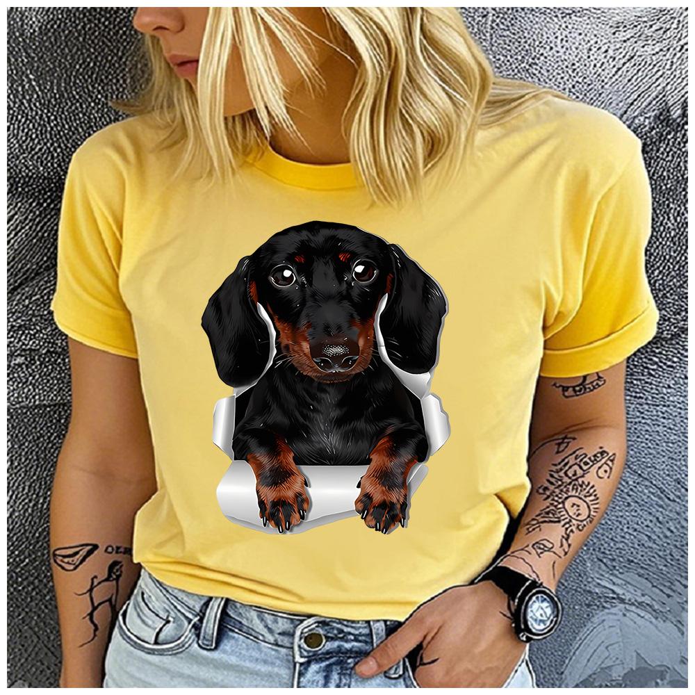 Cotton  Cute Dachshund Break Through Paper Graphic T Shirt Women Casual Pet Dog Print Short Sleeve Tee Gift For Dachshund