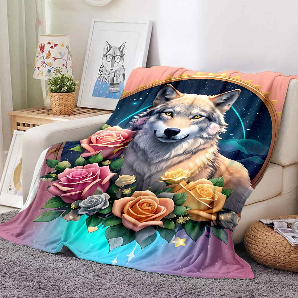 1pc Wolf Roses Blanket, Lightweight Flannel Fleece with Digital Printing, Soft Warm for Sofa, Travel, Camping, Office, Couch, Chair, and Bed, All-Seas