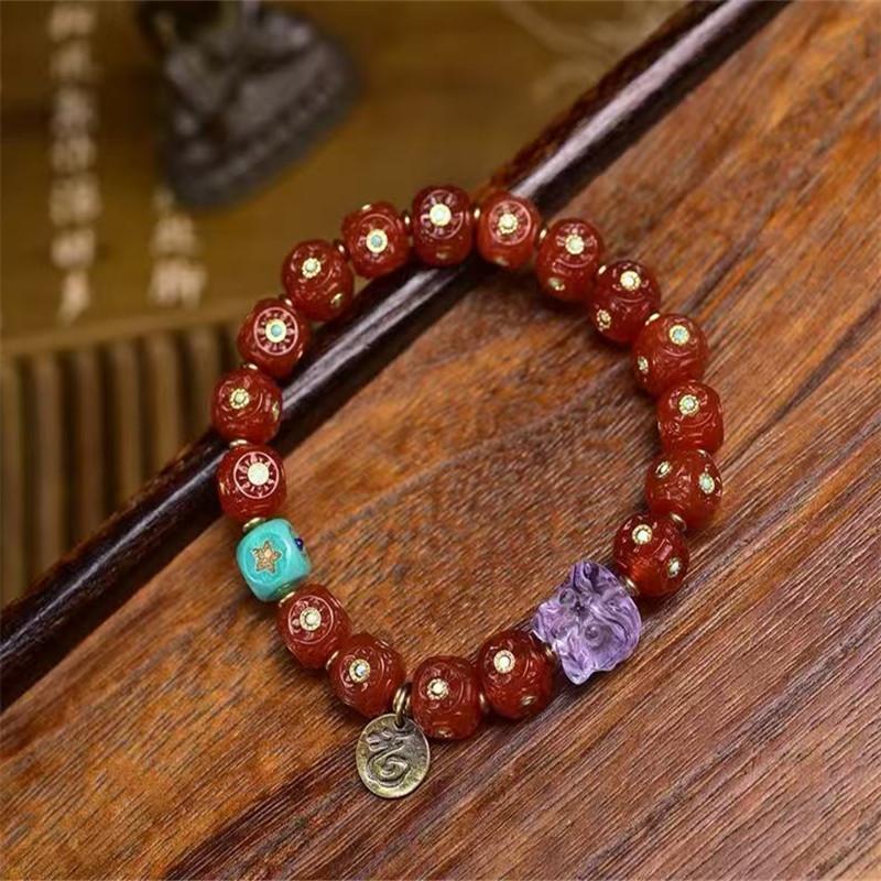 Natural Agate Inlaid Square Bead Bracelet, Turquoise Star And Moon Square Sugar Glazed Lion Head String, Fashionable New Chinese Style Cultural Play
