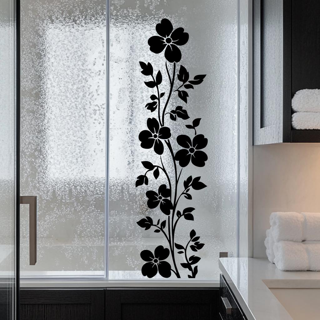 Transparenter Badezimmerglas Schwarze Blumenranke Aufkleber Minimalistischer Stil Dekoration Abziehbild