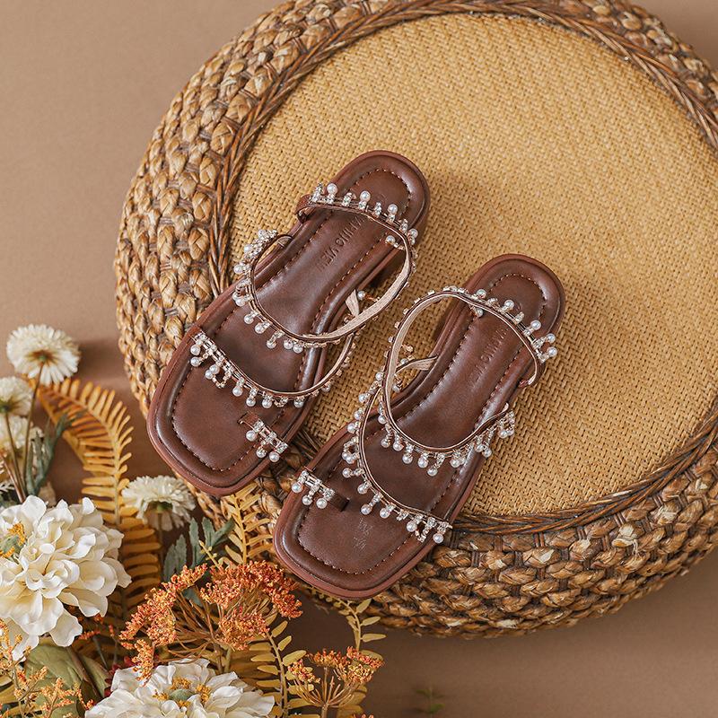 College Sandals Women's Summer Wide Fat Feet Skinny Square Head Roman Shoes Bohemian Beach Shoes Beautiful High Heels