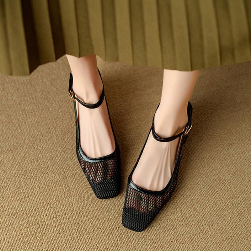 Fashion NEW Summer Women Sandals Square Toe Chunky Heel Shoes for Women Cover Toe Black Mesh Shoes Ankle Strap Cover Heel Modern Sandals