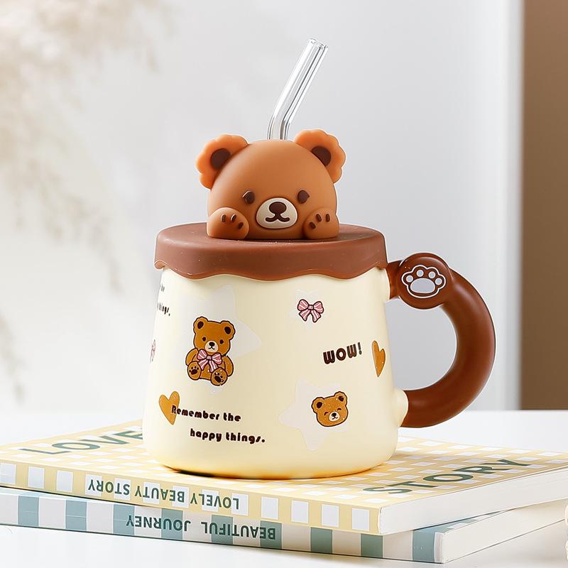 Korean version bear mug large capacity with lid straw creative cup cute coffee cup drinking cup gift box