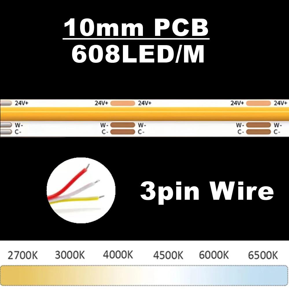 Dimmbare 3-Farben CCT COB LED-Streifenleuchte 24V 8mm 10mm Breite 2700K bis 6500K Farbwechselndes LED-Band Linear Doppelfarbe RA90