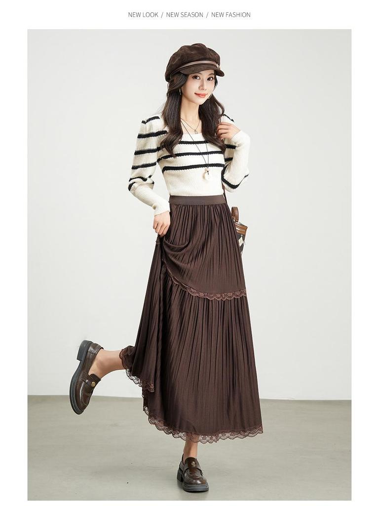 Autumn 2025 Korean-Style Lace Patchwork Pleated Skirt for Women with Elastic Waist