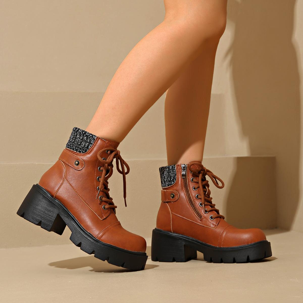 

Модные ботинки для женщин Модные ботильоны на массивном каблуке 2025 Новые повседневные кожаные ботинки на шнуровке на высоком каблуке на платформе Женские ботильоны 35 темно-коричневого