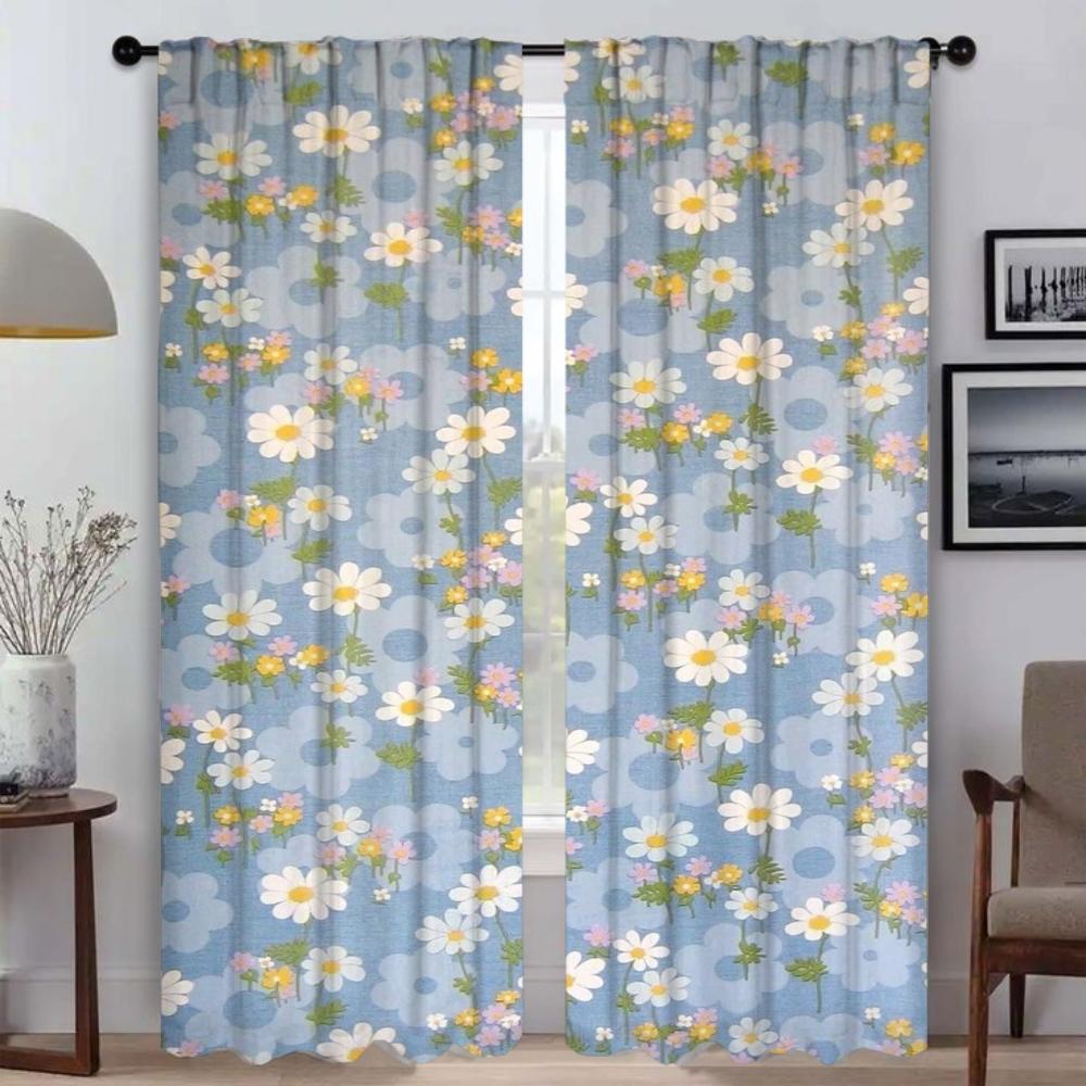Bug Resistant Curtains Living Room Curtain Cute Flowers Partition Shades Home Interior Tulle Bedroom Set Of 2 Made Polyester Washable Ready